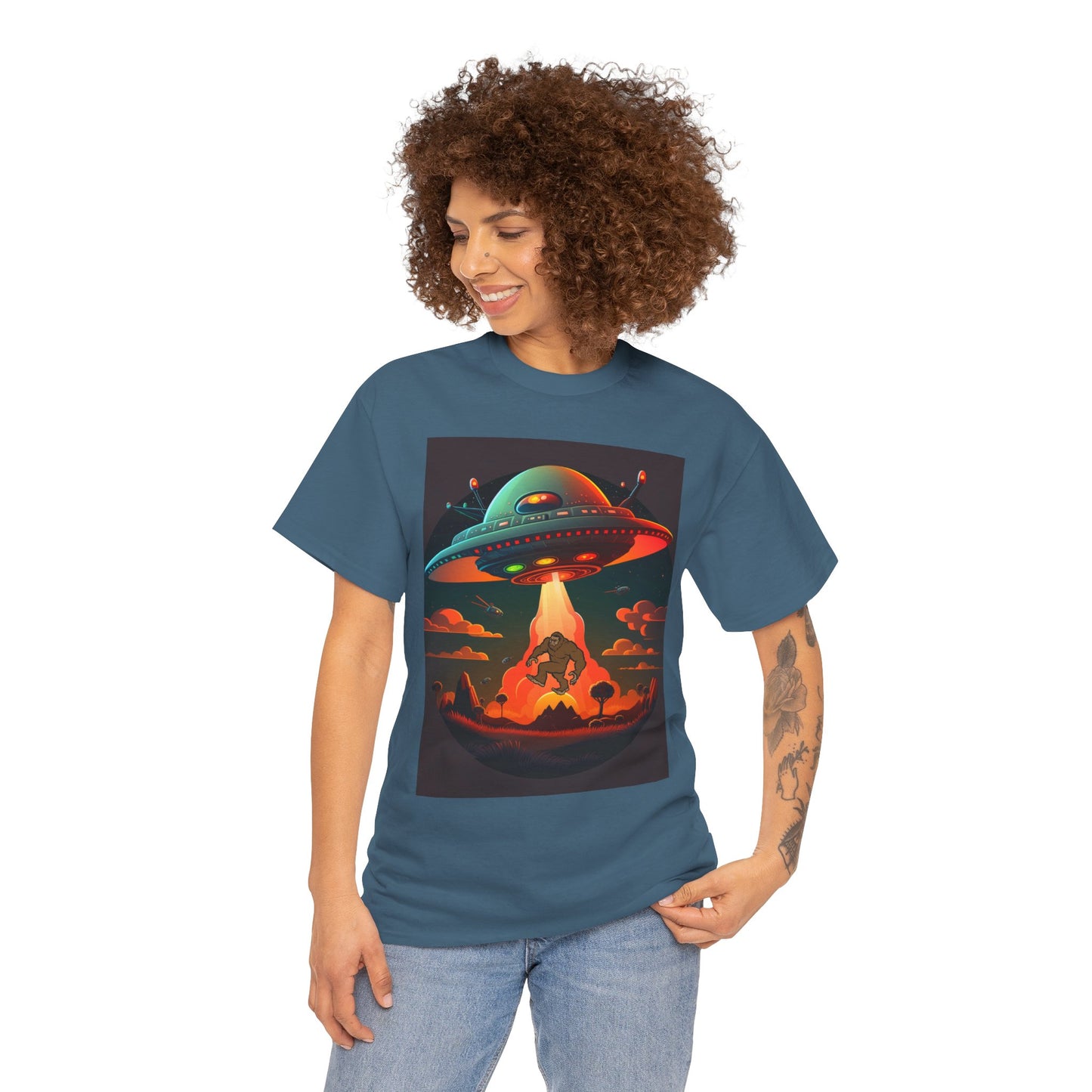 UFO, Bigfoot, Unisex Heavy Cotton Tee, graphic design, t-shirt, t-shirts, tshirts, png