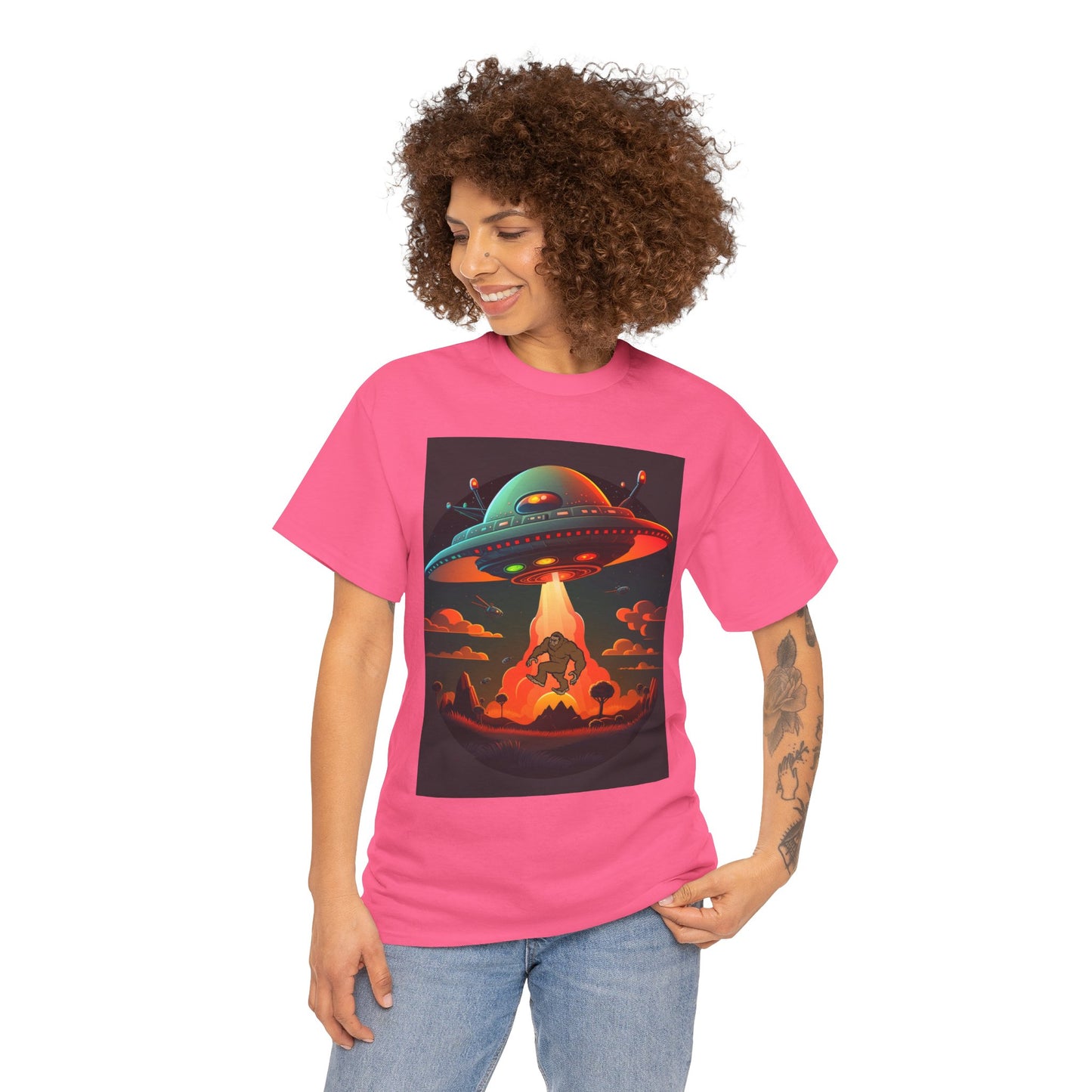 UFO, Bigfoot, Unisex Heavy Cotton Tee, graphic design, t-shirt, t-shirts, tshirts, png