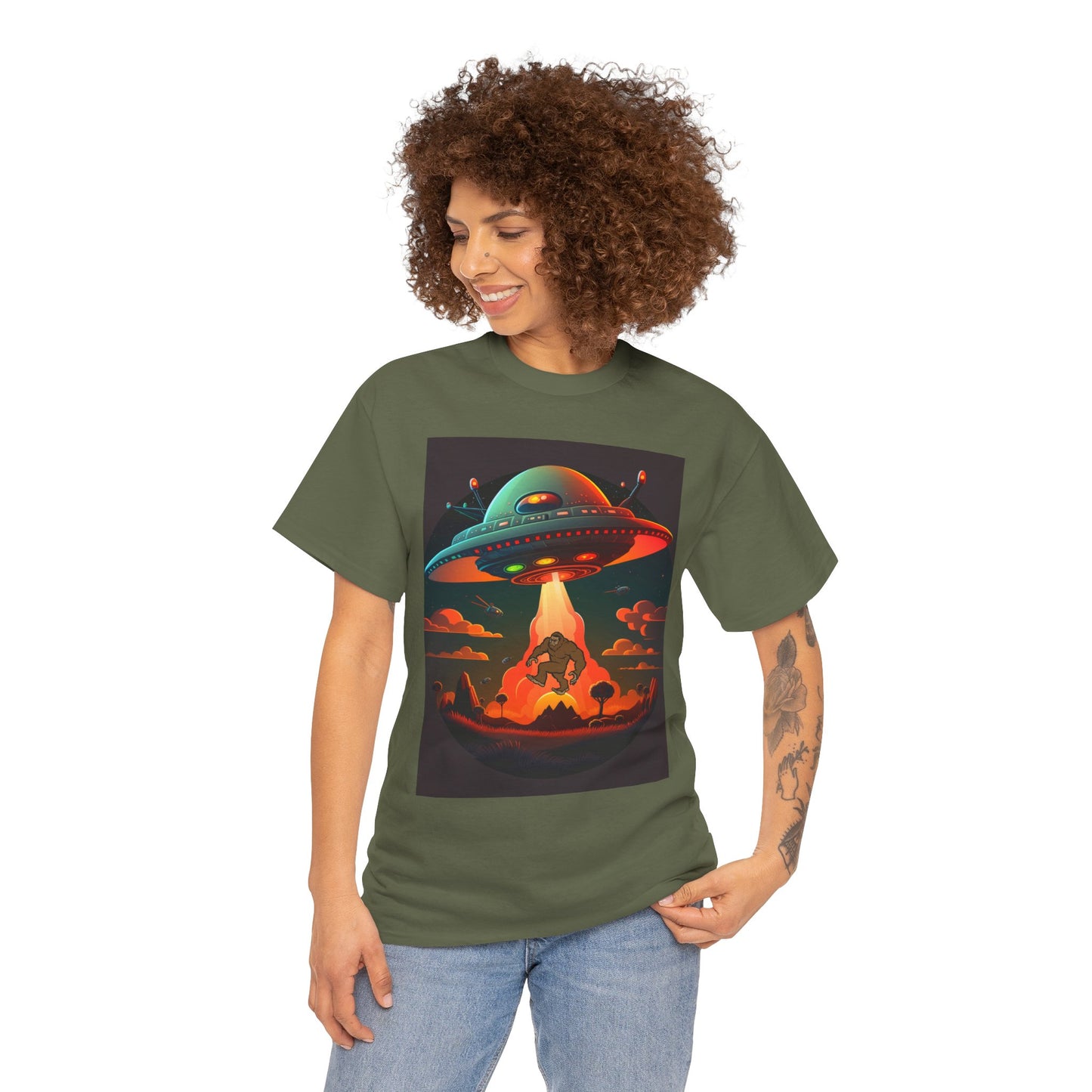 UFO, Bigfoot, Unisex Heavy Cotton Tee, graphic design, t-shirt, t-shirts, tshirts, png