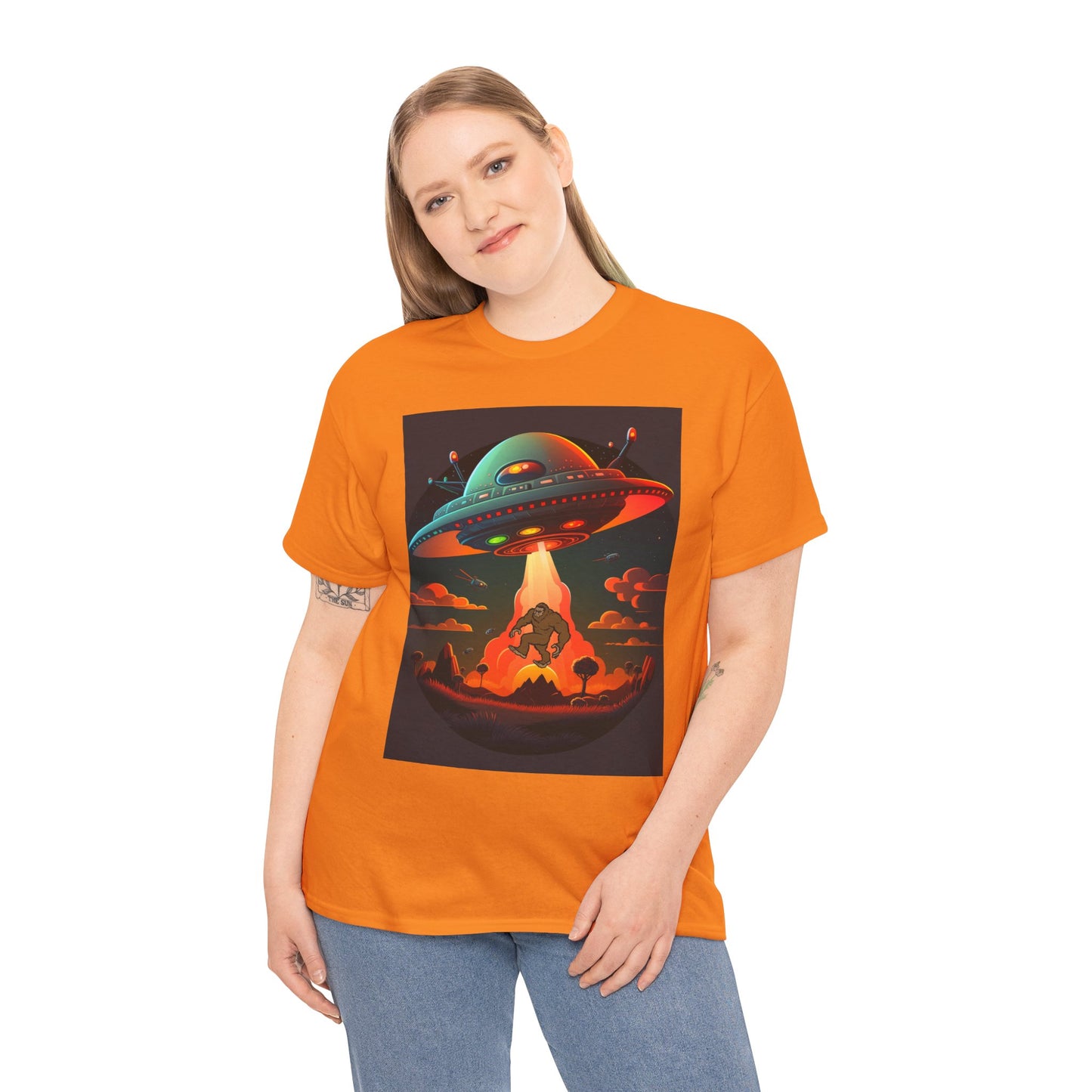 UFO, Bigfoot, Unisex Heavy Cotton Tee, graphic design, t-shirt, t-shirts, tshirts, png