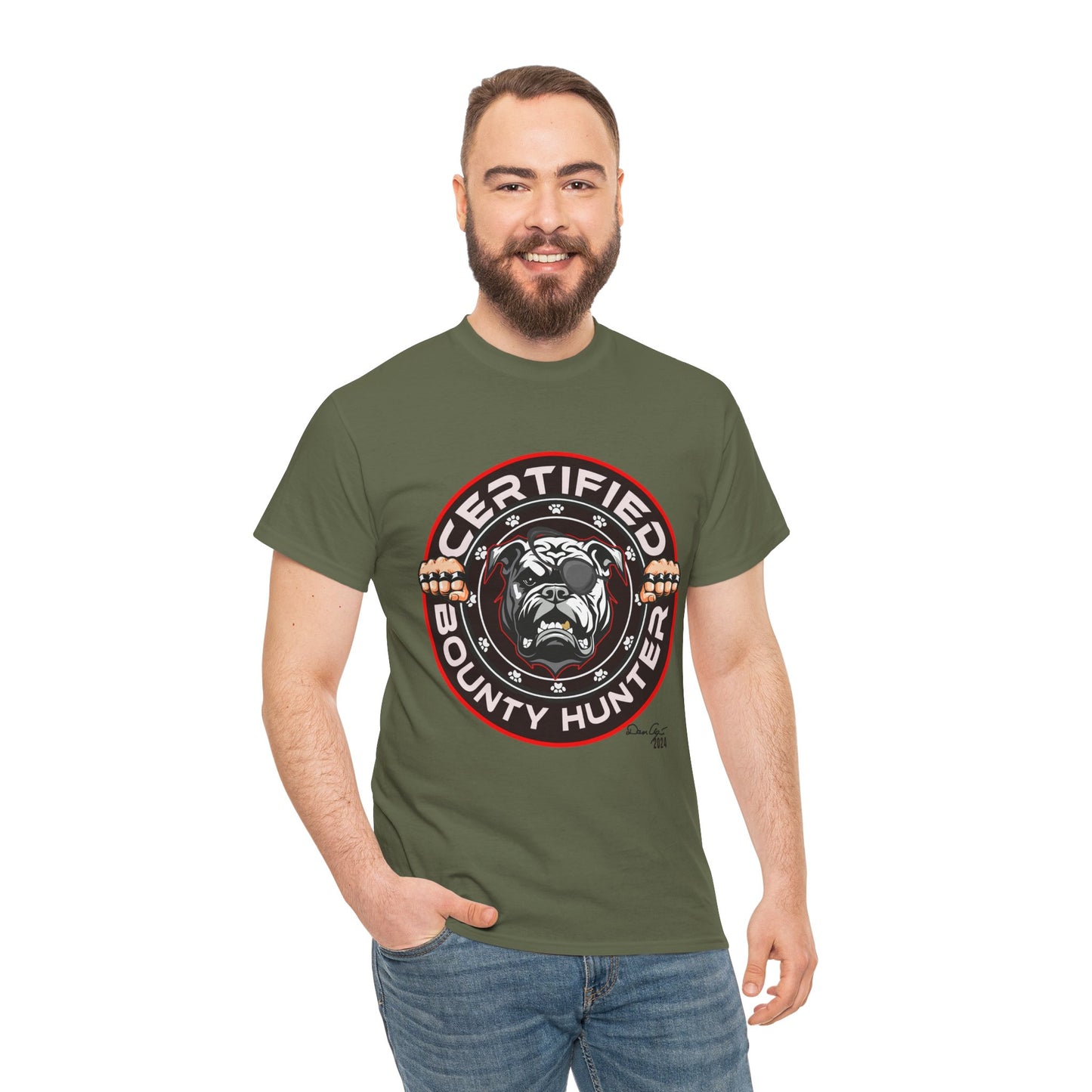 Certified Bounty Hunter, Unisex Heavy Cotton Tee, comedy, bulldog, print design, png