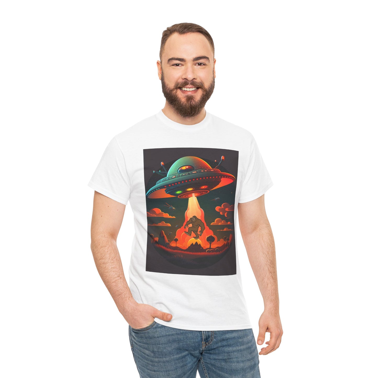 UFO, Bigfoot, Unisex Heavy Cotton Tee, graphic design, t-shirt, t-shirts, tshirts, png